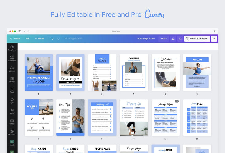 Ladystrategist 30 Page Fitness Program Template Violet Sky Editable Canva Templates instagram canva templates social media templates etsy free canva templates