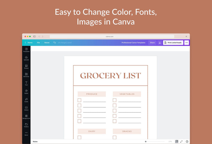 Ladystrategist Brown Sugar Grocery List Printable and Editable Canva Template instagram canva templates social media templates etsy free canva templates