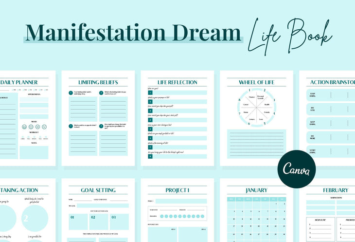 Ladystrategist Dark Cyan Manifestation Dream Life Book Canva Template Printable and Editable instagram canva templates social media templates etsy free canva templates