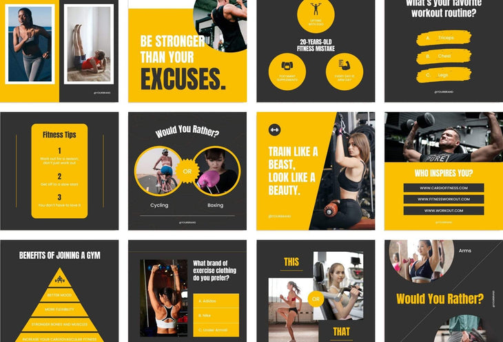 Ladystrategist FITNESS POWER - 97 Done-for-You Fitness Instagram Posts - Fully Editable Canva Templates instagram canva templates social media templates etsy free canva templates