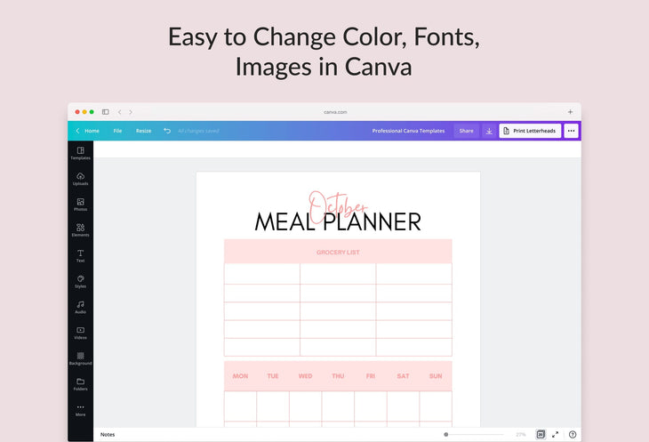 Ladystrategist Light Salmon Monthly Meal Plan Calendar Printable and Editable Canva Template instagram canva templates social media templates etsy free canva templates