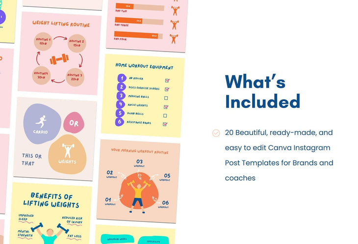 Ladystrategist 20 Fitness Lists Instagram Posts - Fully Editable Canva Templates instagram canva templates social media templates etsy free canva templates