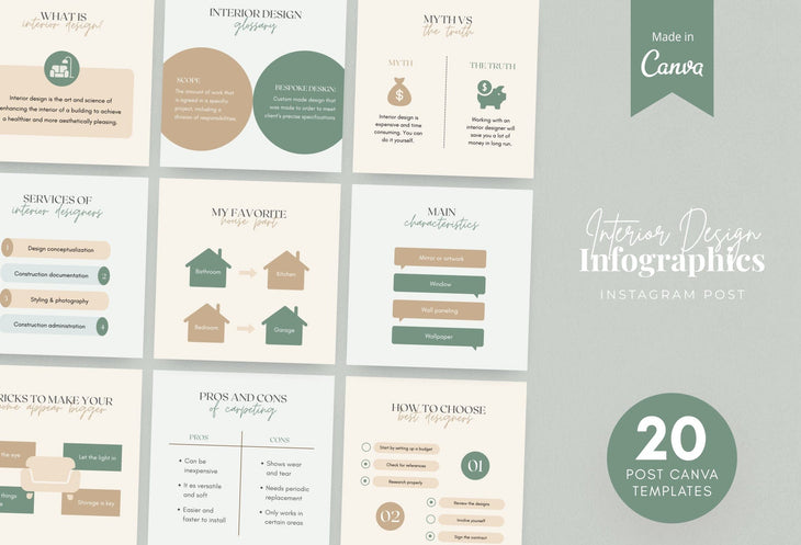 Ladystrategist 20 Interior Design Infographics Instagram Engagement Posts Fully Editable Canva Templates instagram canva templates social media templates etsy free canva templates