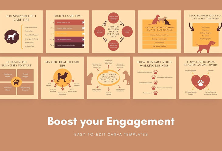 Ladystrategist 20 Pets Business Tips and Infographics - Instagram Engagement Posts - Fully Editable Canva Templates instagram canva templates social media templates etsy free canva templates