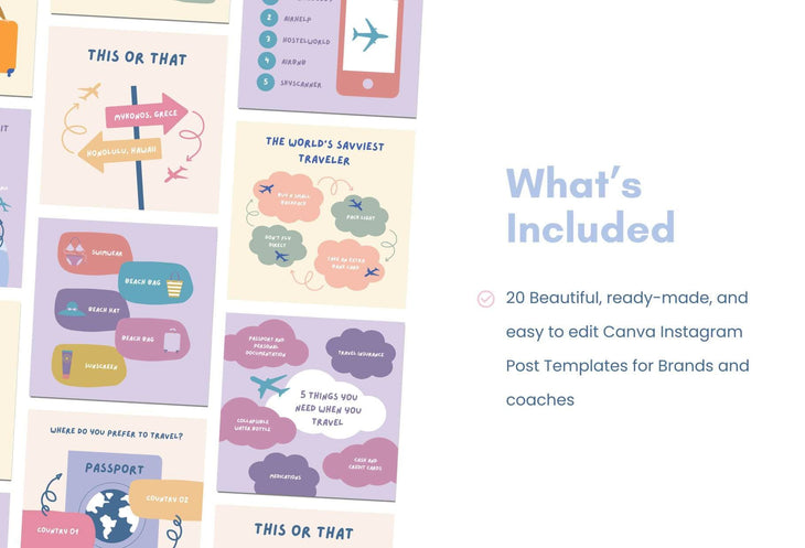 Ladystrategist 20 Travel Lists Instagram Posts - Fully Editable Canva Templates instagram canva templates social media templates etsy free canva templates