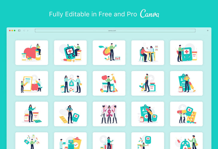 Ladystrategist 20 Unique Diabetes Scenes Illustrations Fully Editable in Canva instagram canva templates social media templates etsy free canva templates