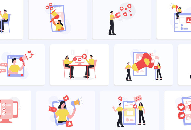 Ladystrategist 20 Unique Marketing Scene Illustrations Fully Editable in Canva instagram canva templates social media templates etsy free canva templates