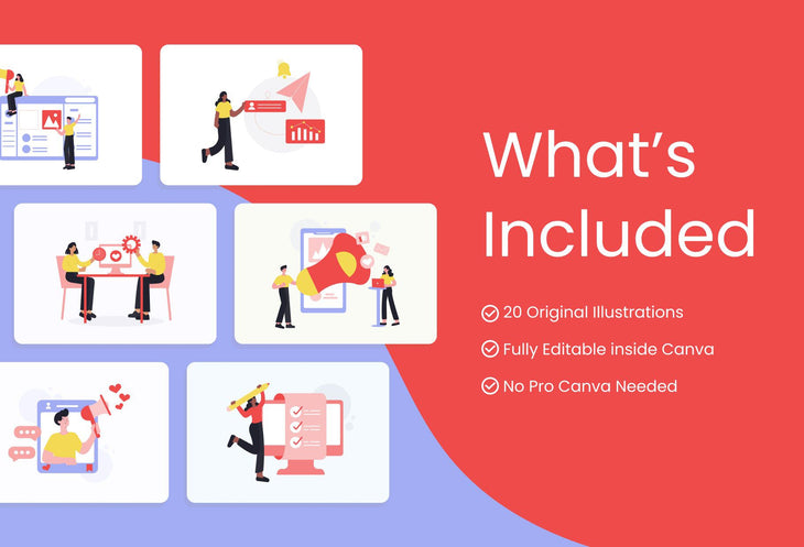 Ladystrategist 20 Unique Marketing Scene Illustrations Fully Editable in Canva instagram canva templates social media templates etsy free canva templates