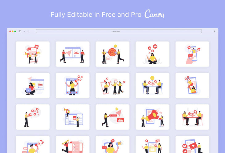 Ladystrategist 20 Unique Marketing Scene Illustrations Fully Editable in Canva instagram canva templates social media templates etsy free canva templates