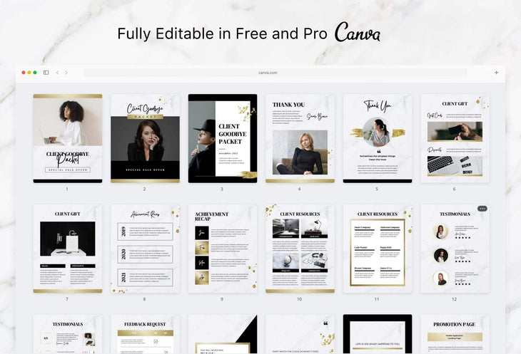 Ladystrategist 21 Page Client Goodbye Packet for Coaches - Editable Canva Template Chic Marble + Gold Collection instagram canva templates social media templates etsy free canva templates