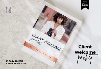 Ladystrategist 21 Page Client Welcome Packet for Coaches Editable Canva Template Black Rose Gold Collection instagram canva templates social media templates etsy free canva templates