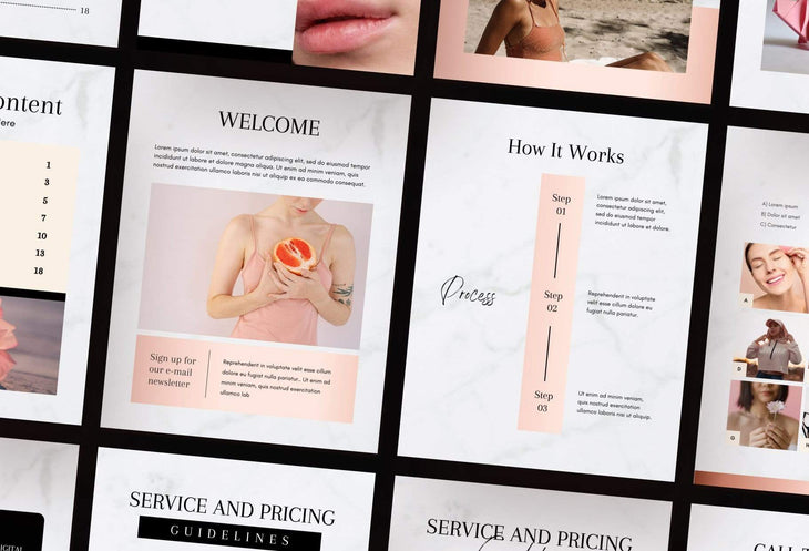 Ladystrategist 25 Page Service and Pricing Guide Editable Canva Template - Black Rose Gold Collection instagram canva templates social media templates etsy free canva templates