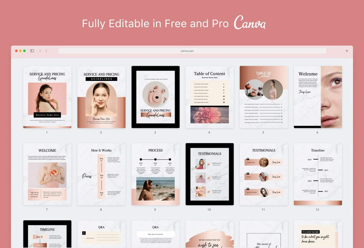 Ladystrategist 25 Page Service and Pricing Guide Editable Canva Template - Black Rose Gold Collection instagram canva templates social media templates etsy free canva templates