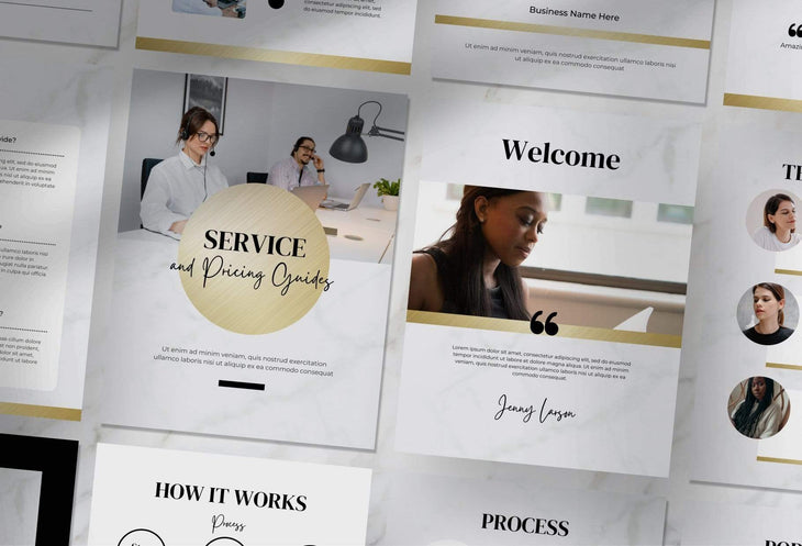Ladystrategist 25 Page Service and Pricing Guide Editable Canva Template - Marble Gold Collection instagram canva templates social media templates etsy free canva templates