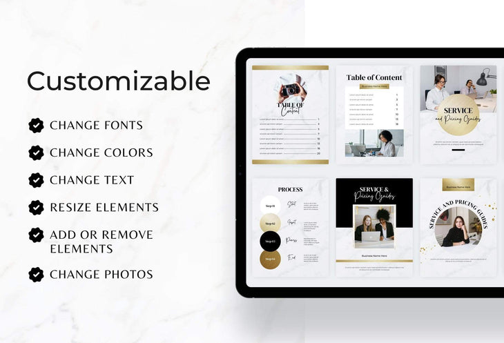 Ladystrategist 25 Page Service and Pricing Guide Editable Canva Template - Marble Gold Collection instagram canva templates social media templates etsy free canva templates