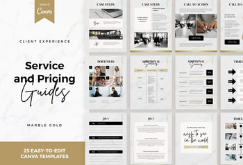 Ladystrategist 25 Page Service and Pricing Guide Editable Canva Template - Marble Gold Collection instagram canva templates social media templates etsy free canva templates