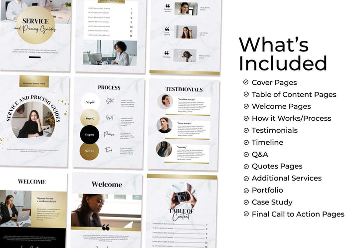 Ladystrategist 25 Page Service and Pricing Guide Editable Canva Template - Marble Gold Collection instagram canva templates social media templates etsy free canva templates