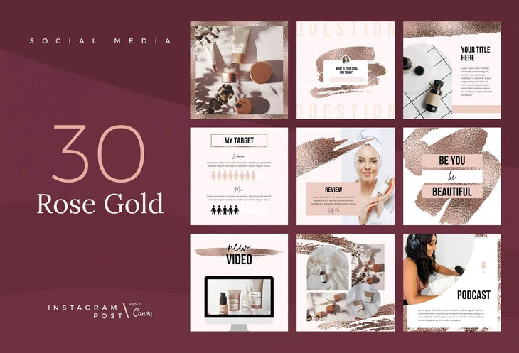 Ladystrategist 30 Rose Gold Bold Instagram Post Canva Templates instagram canva templates social media templates etsy free canva templates