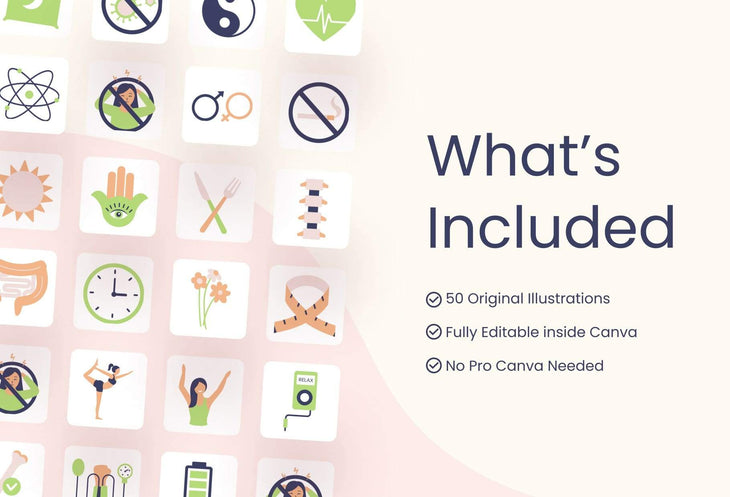 Ladystrategist 50 Unique Yoga and Wellness Benefits Icons Illustrations - Fully Editable in Canva instagram canva templates social media templates etsy free canva templates