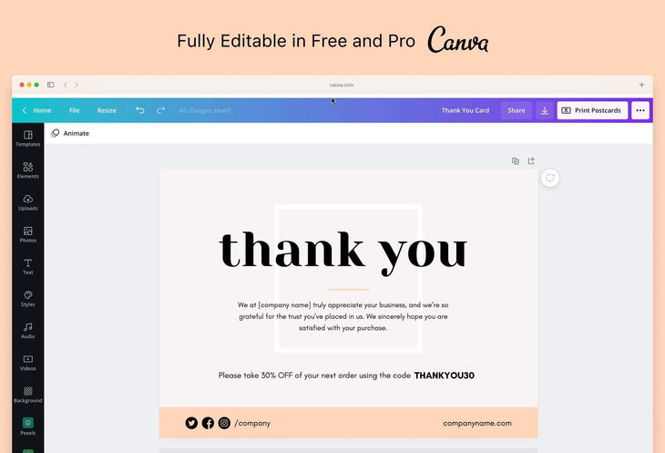 Ladystrategist Cynthia Printable Thank You Card Packaging Insert Note Canva Template instagram canva templates social media templates etsy free canva templates