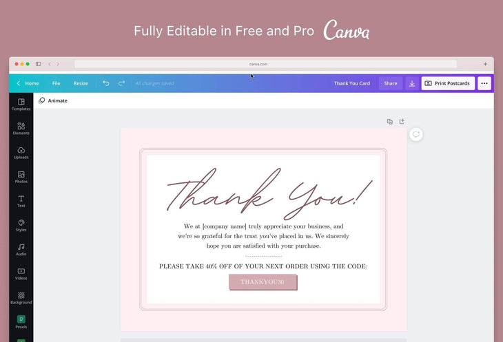Ladystrategist Giselle Printable Thank You Card Packaging Insert Note Canva Template instagram canva templates social media templates etsy free canva templates