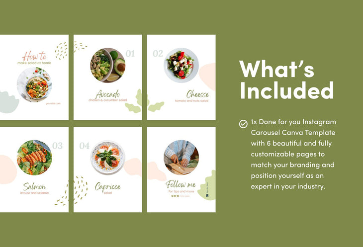 Ladystrategist Mila Food and Nutrition 6-Page Carousel Canva Template instagram canva templates social media templates etsy free canva templates