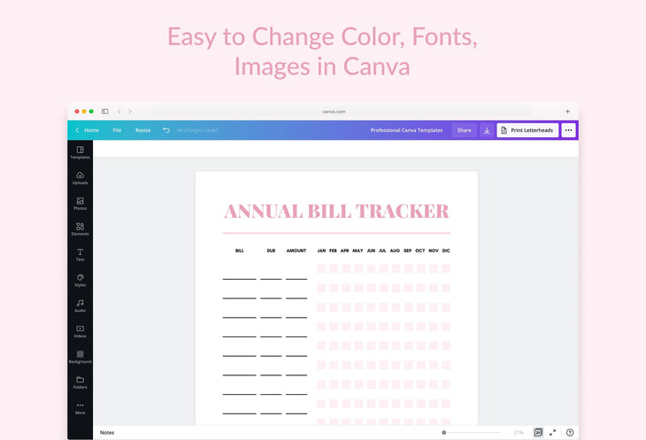 Ladystrategist Nadeshiko Pink Annual Bill Tracker Printable and Editable Canva Template instagram canva templates social media templates etsy free canva templates
