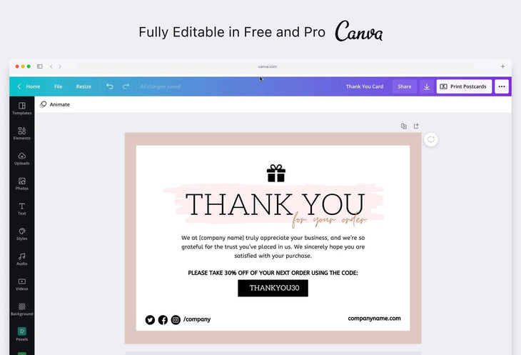 Ladystrategist Shirley Printable Thank You Card Packaging Insert Note Canva Template instagram canva templates social media templates etsy free canva templates
