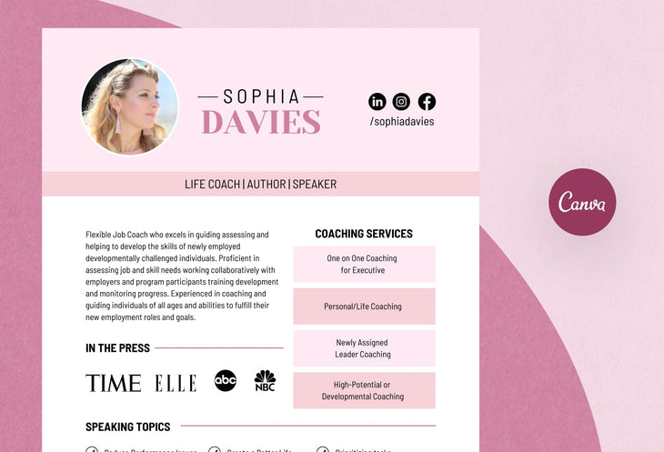 Ladystrategist Sophia Speaker One-Sheet Canva Template instagram canva templates social media templates etsy free canva templates