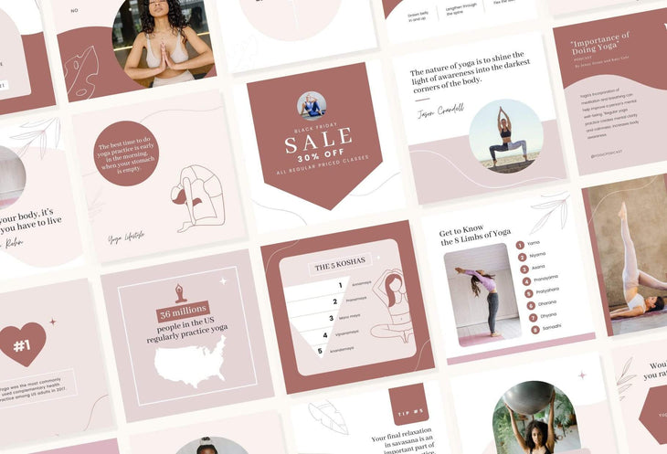 Ladystrategist YOGA Rose - 97 Done-for-You Yoga Instagram Posts - Fully Editable Canva Templates instagram canva templates social media templates etsy free canva templates