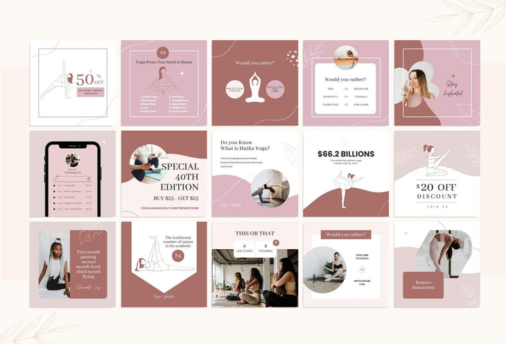 Ladystrategist YOGA Rose - 97 Done-for-You Yoga Instagram Posts - Fully Editable Canva Templates instagram canva templates social media templates etsy free canva templates
