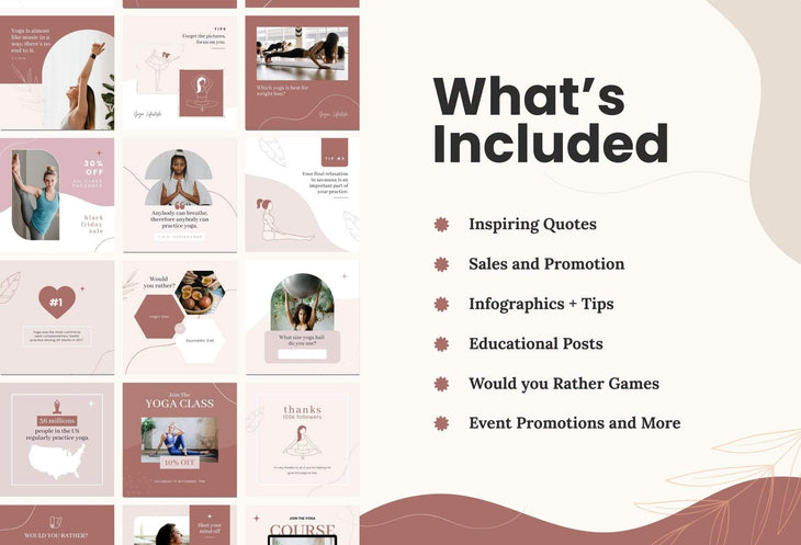 Ladystrategist YOGA Rose - 97 Done-for-You Yoga Instagram Posts - Fully Editable Canva Templates instagram canva templates social media templates etsy free canva templates