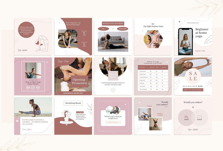 Ladystrategist YOGA Rose - 97 Done-for-You Yoga Instagram Posts - Fully Editable Canva Templates instagram canva templates social media templates etsy free canva templates