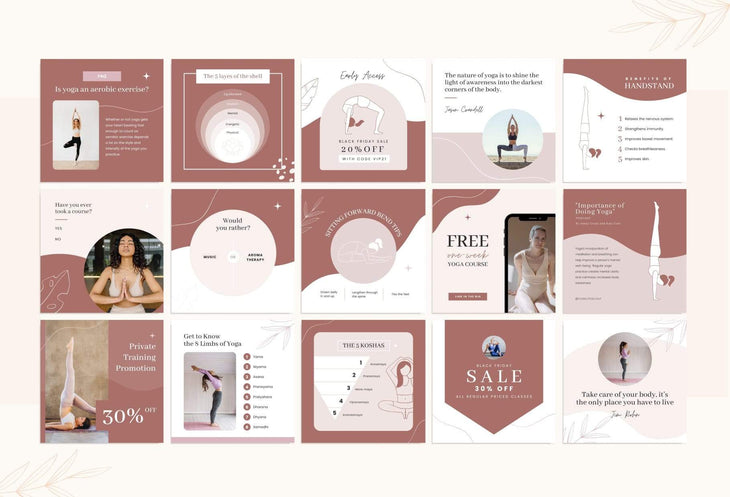 Ladystrategist YOGA Rose - 97 Done-for-You Yoga Instagram Posts - Fully Editable Canva Templates instagram canva templates social media templates etsy free canva templates