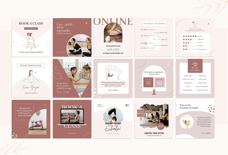 Ladystrategist YOGA Rose - 97 Done-for-You Yoga Instagram Posts - Fully Editable Canva Templates instagram canva templates social media templates etsy free canva templates