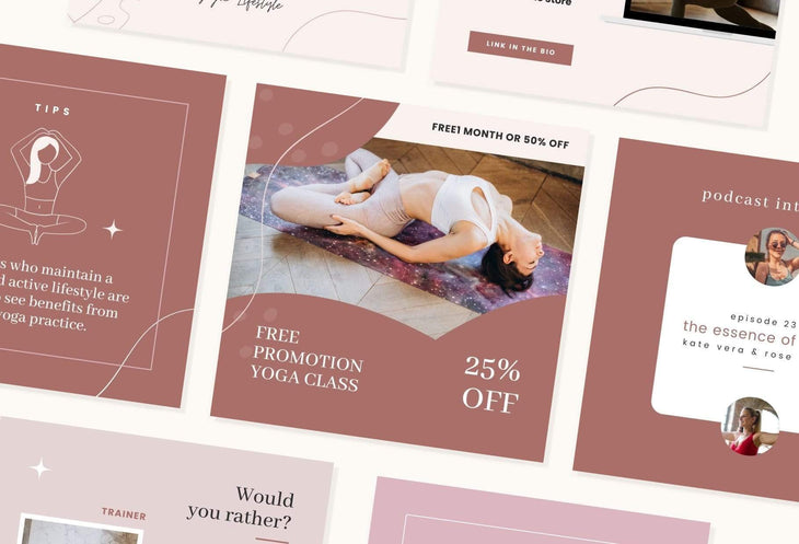 Ladystrategist YOGA Rose - 97 Done-for-You Yoga Instagram Posts - Fully Editable Canva Templates instagram canva templates social media templates etsy free canva templates