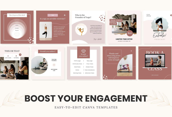 Ladystrategist YOGA Rose - 97 Done-for-You Yoga Instagram Posts - Fully Editable Canva Templates instagram canva templates social media templates etsy free canva templates