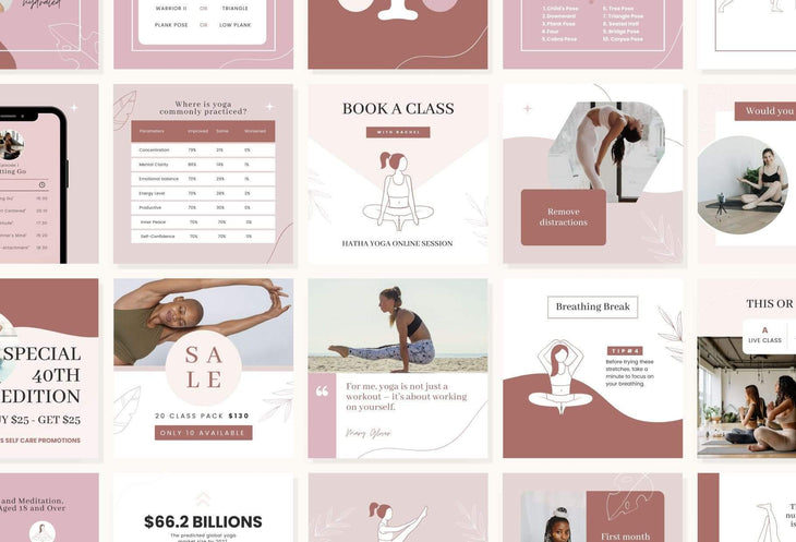 Ladystrategist YOGA Rose - 97 Done-for-You Yoga Instagram Posts - Fully Editable Canva Templates instagram canva templates social media templates etsy free canva templates